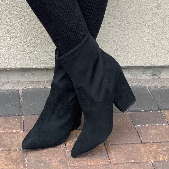 Black Genuine Suede Bold Heel Sock Ankle Booties - Picture 4 of 8